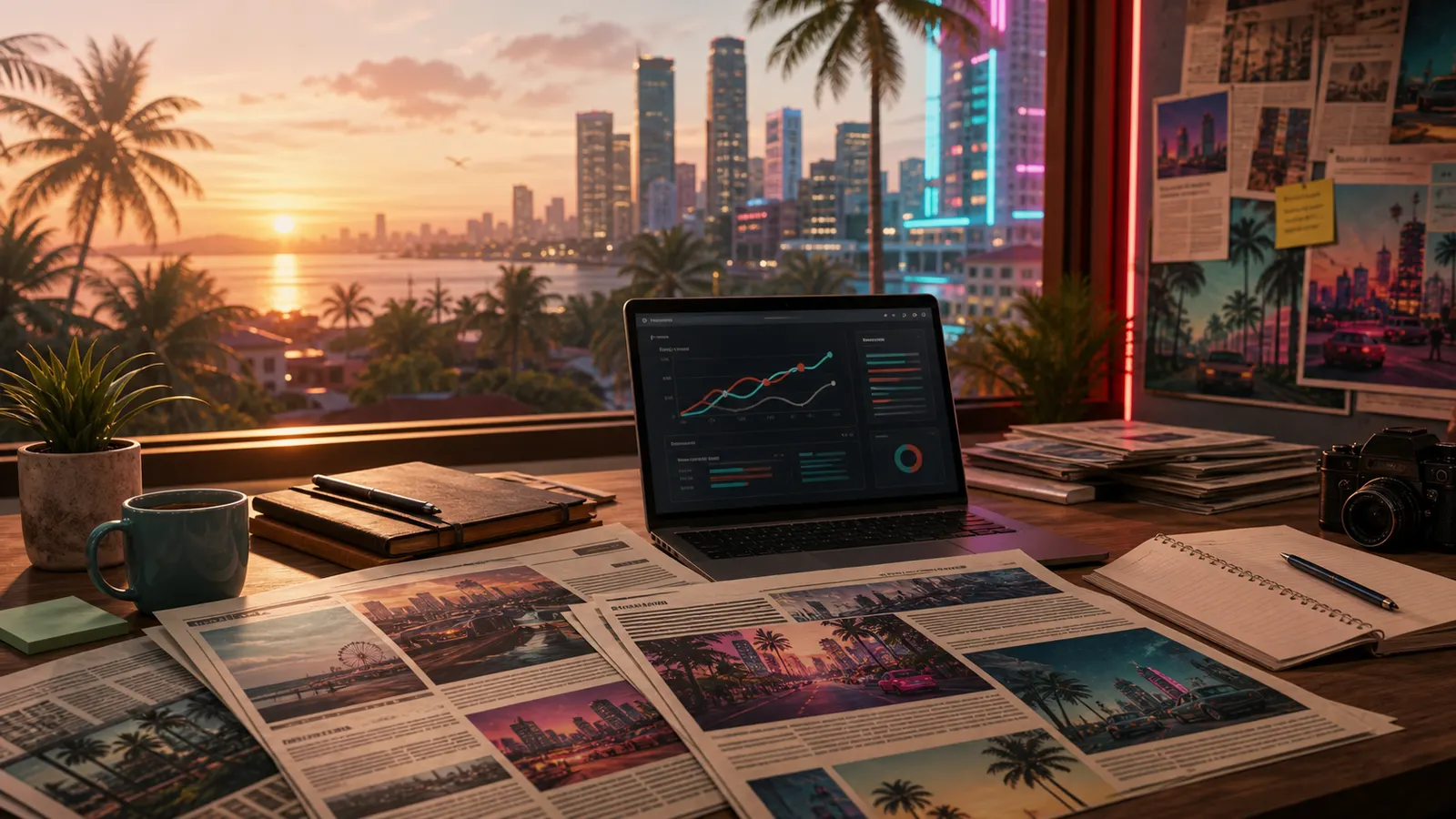 Verified GTA 6 update newsroom desk with tropical city light