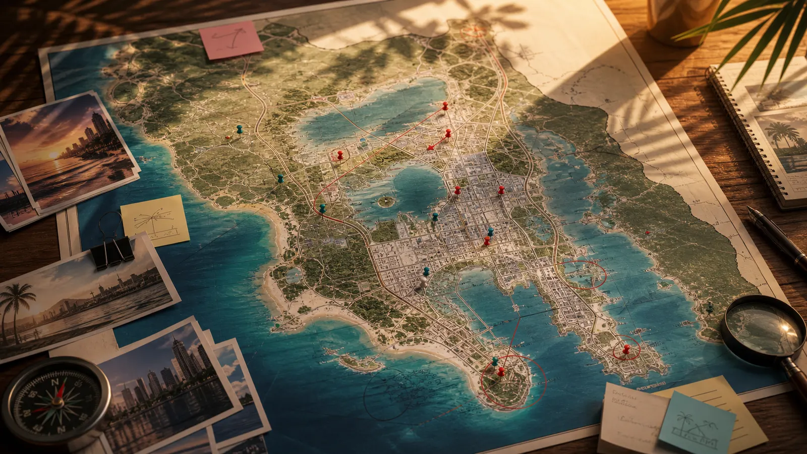 Fictional tropical map and guide planning desk